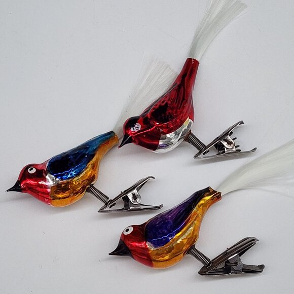 Vintage Glass Bird Clip On Ornaments With Colorful Feathers & Metal Clips 4"